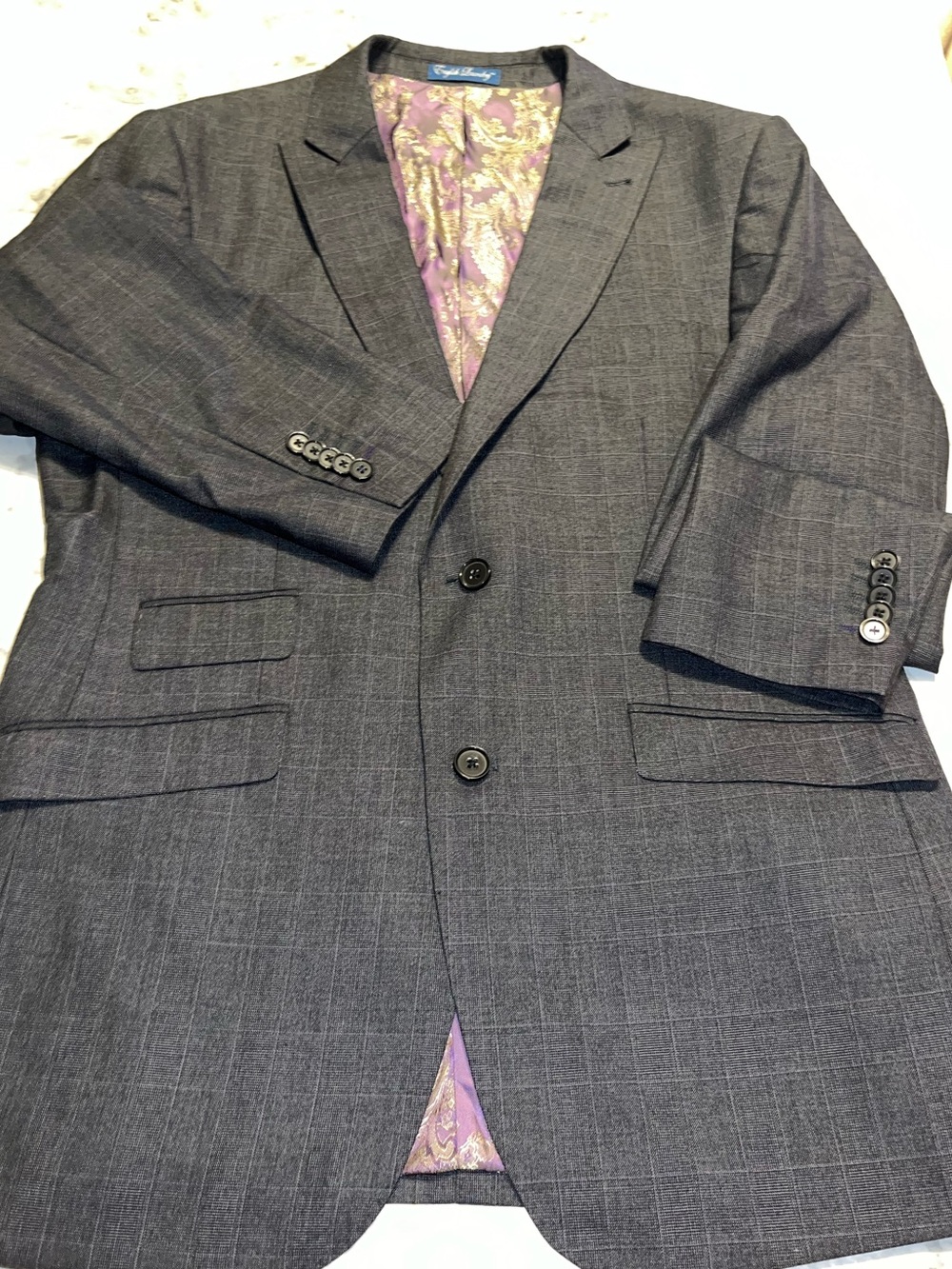 English Laundry Gray Windowpane Sport Coat with Purple Paisley Lining